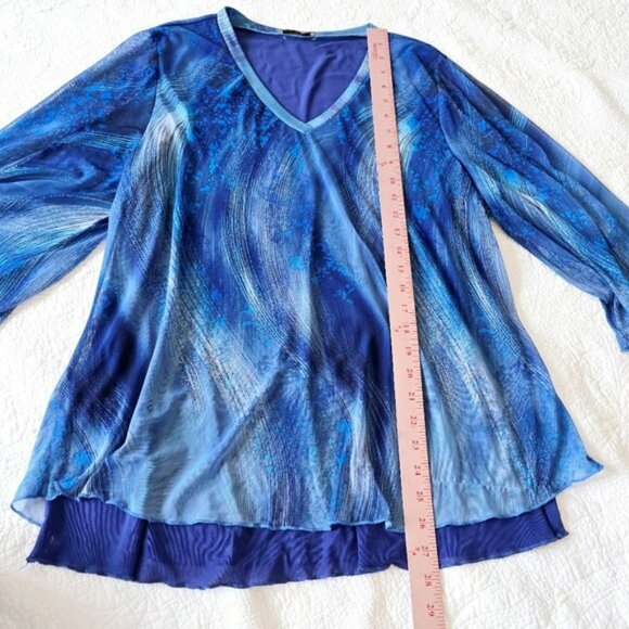 Timeson Women's Blouse Size XL Flowy Blue Artsy Waves Sheer Lined Stretchy Boho - Picture 10 of 16